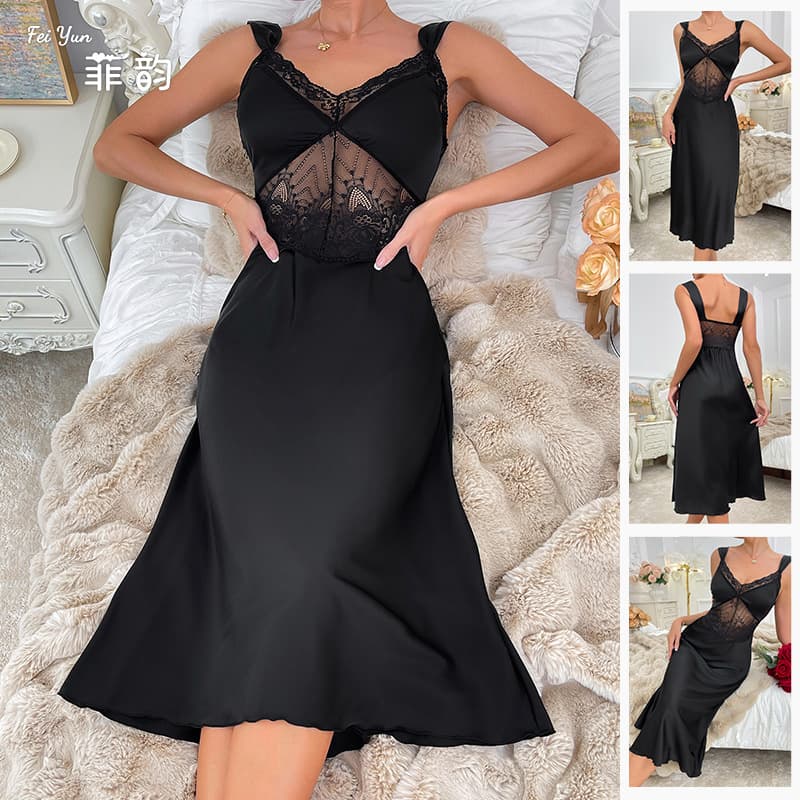 European and American sexy pajamas, women's suspender nightgown, satin pure lust lace, French high-end home dress 800