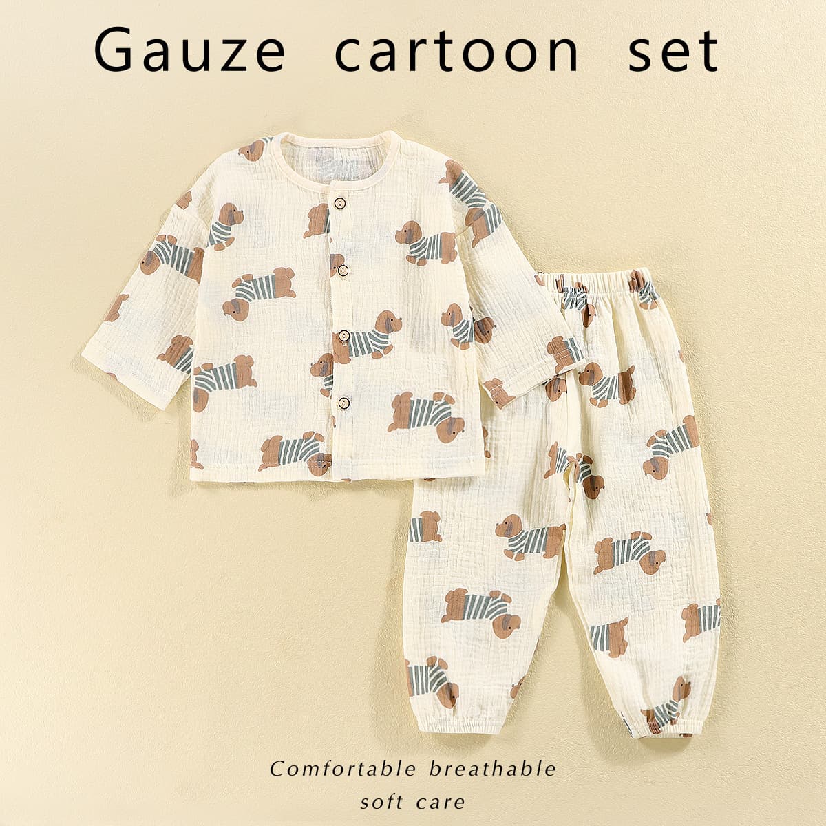 Children's Cotton Gauze Pajamas Boys Girls Pure Cotton Homewear Set Cartoon Double-Layer Gauze Breathable Air Conditioning Wear Close-Fitting Toddler