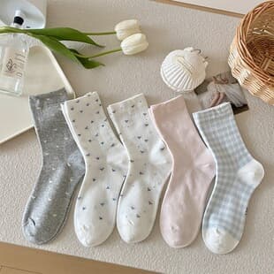 Seamless Blue Plaid Bowknot Mid-Calf Socks for Women, Spring/Summer Sweet Japanese Style Stacked Socks Versatile Cotton Socks