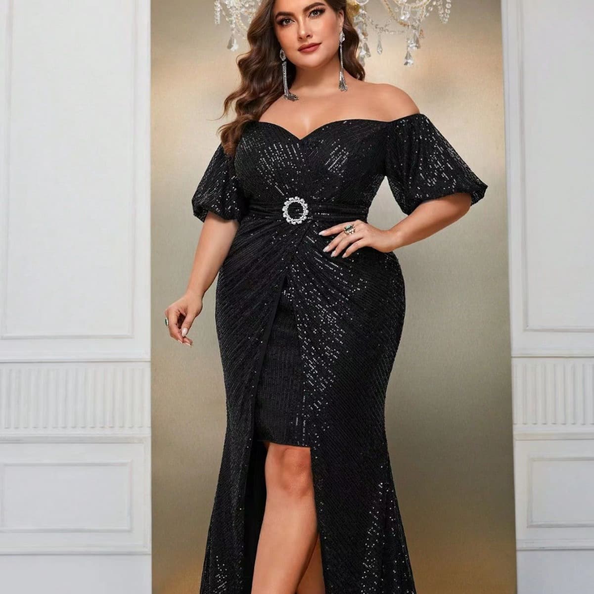 New European and American style plus-size sequined lace waist-cinching slimming off-shoulder short front and long back black evening dress/banquet attire