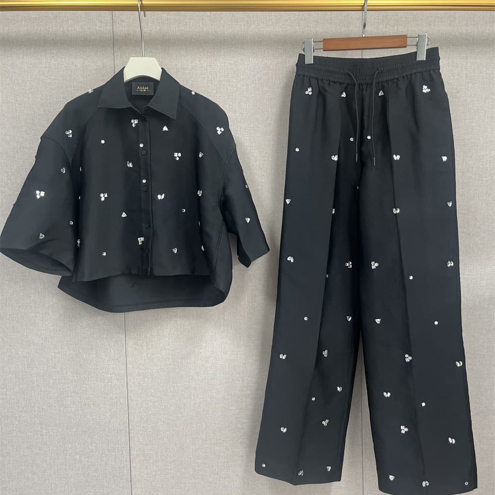 French-Style Niche 2023 Early Autumn New Women's Fashion Silhouette Handmade Rhinestone Short-Sleeve Shirt with Tie and Straight-Leg Pants