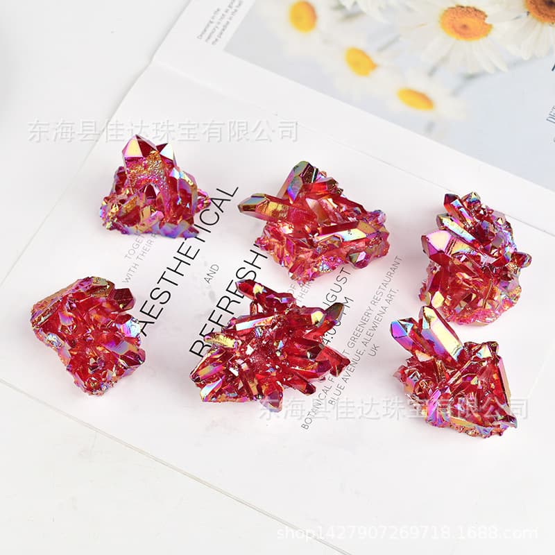 Wholesale Natural Crystal Clusters, Electroplated Red Crystal Cluster Ornaments, Decorative Crafts, Raw Stone Clusters for Cleansing