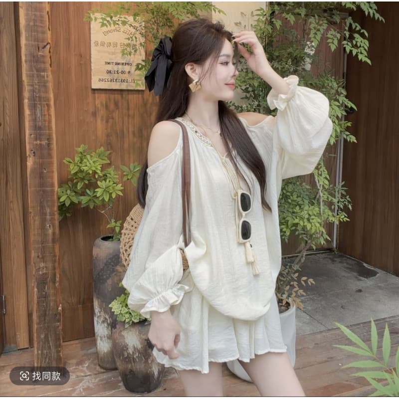Xiaoxi Clothing Korean style off-shoulder temperament loose lazy long-sleeved slim shirt skirt pants fashion suit 2325