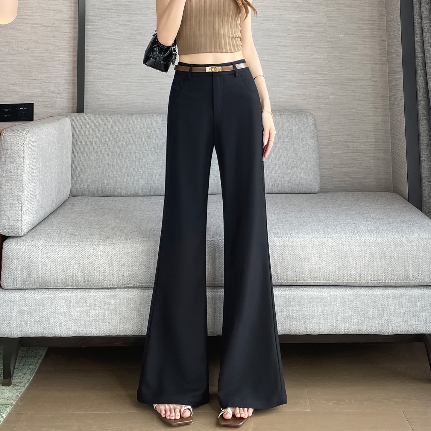 Black Straight-Leg Flared Suit Pants for Women, High-Waist Slimming 2026 Summer New Style, Non-Clinging Casual Micro-Flared Pants 16029