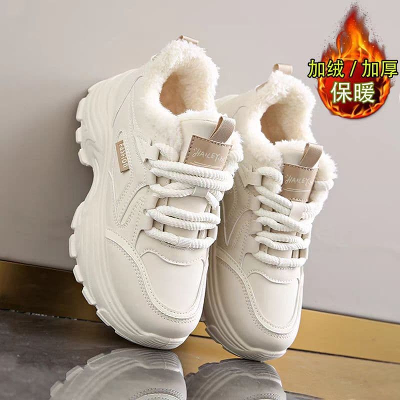 Fleece-Lined Women's Shoes Winter 2025 New Dad Shoes Thick Sole Heightening White Trendy Shoes Bestseller Sports Casual Mid Cotton Shoes