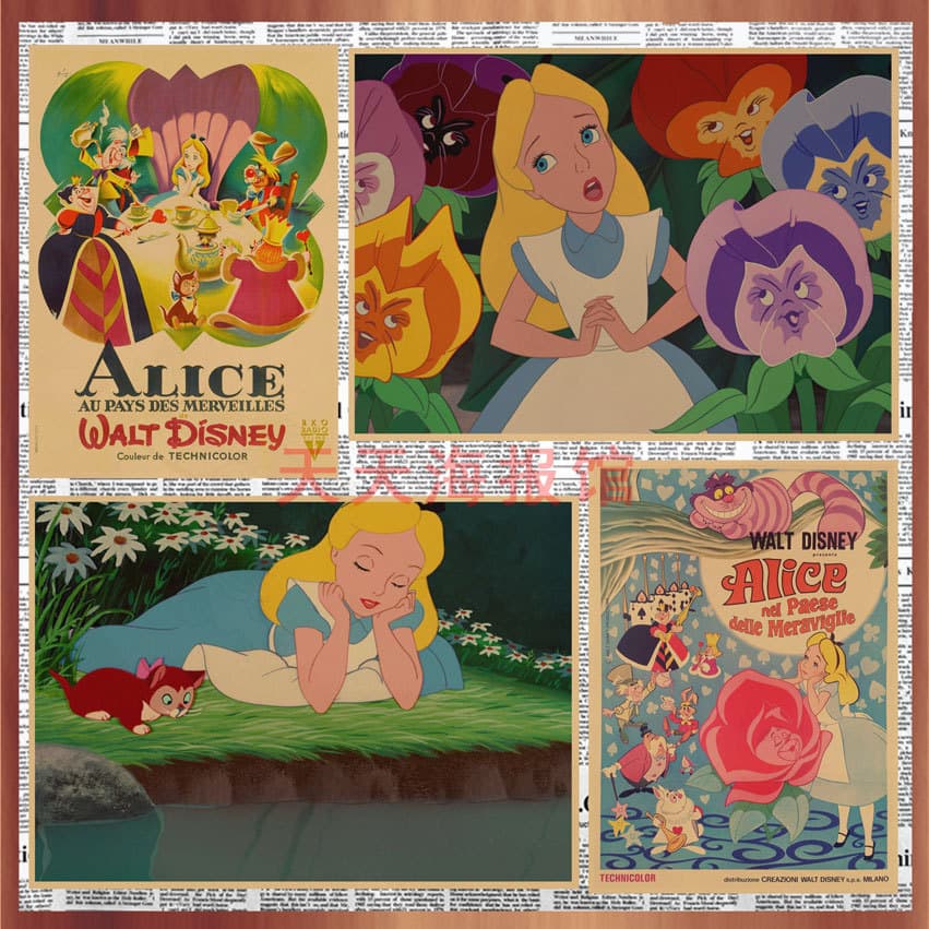 Alice in Wonderland cartoon animation poster dormitory children's room retro kraft paper decorative wall painting 529