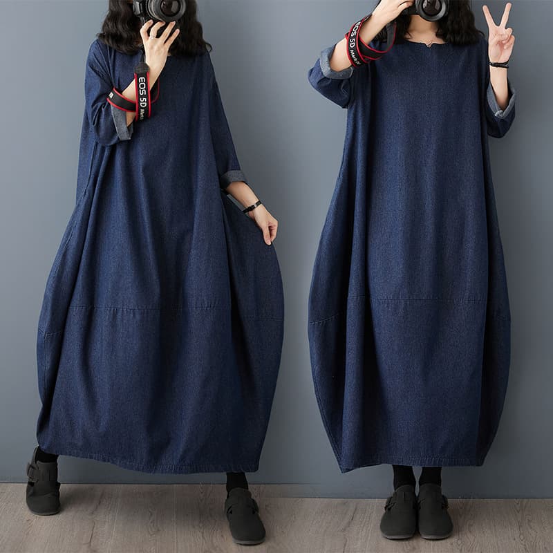 2025 retro long-sleeved denim dress early spring new artistic large size loose women's casual slimming and long skirt