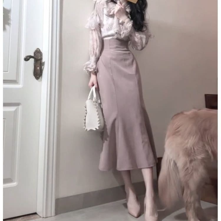 Clear soft and sweet big bow long-sleeved shirt top + gentle high-waisted temperament fishtail skirt two-piece set