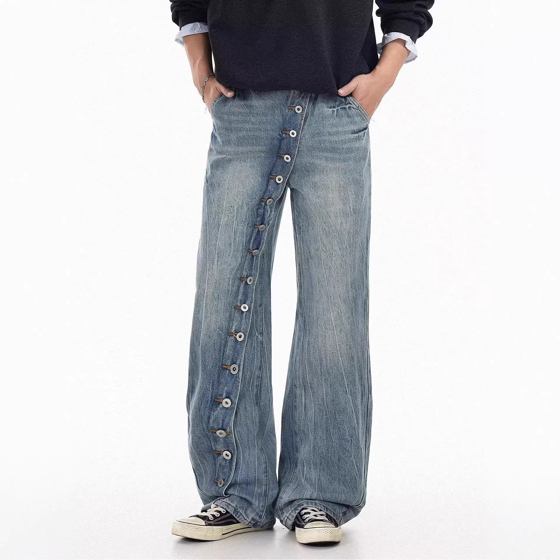 Washed Vintage Distressed Unique Design Diagonal Button Fly Jeans for Men Loose Straight Leg Lightning Pattern Long Pants Trendy