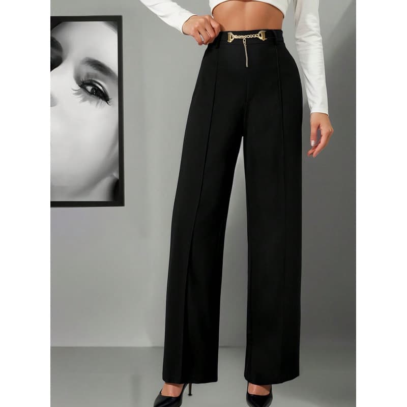 In-stock European and American cross-border hot-selling metal belt paired with high-waist straight-leg pants, spring and autumn black high-grade drape dress pants