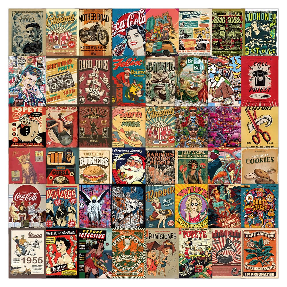 50 Sheets New American Retro Poster Stickers Magazine Style Set Journal Decoration Waterproof Stickers Wholesale Cross-border