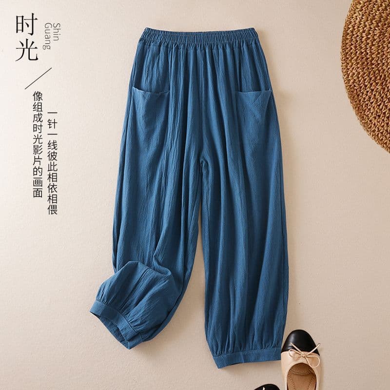 Cotton and linen bloomers women's 2026 summer new style nine-point pants literary and casual loose leg-tie versatile harem pants
