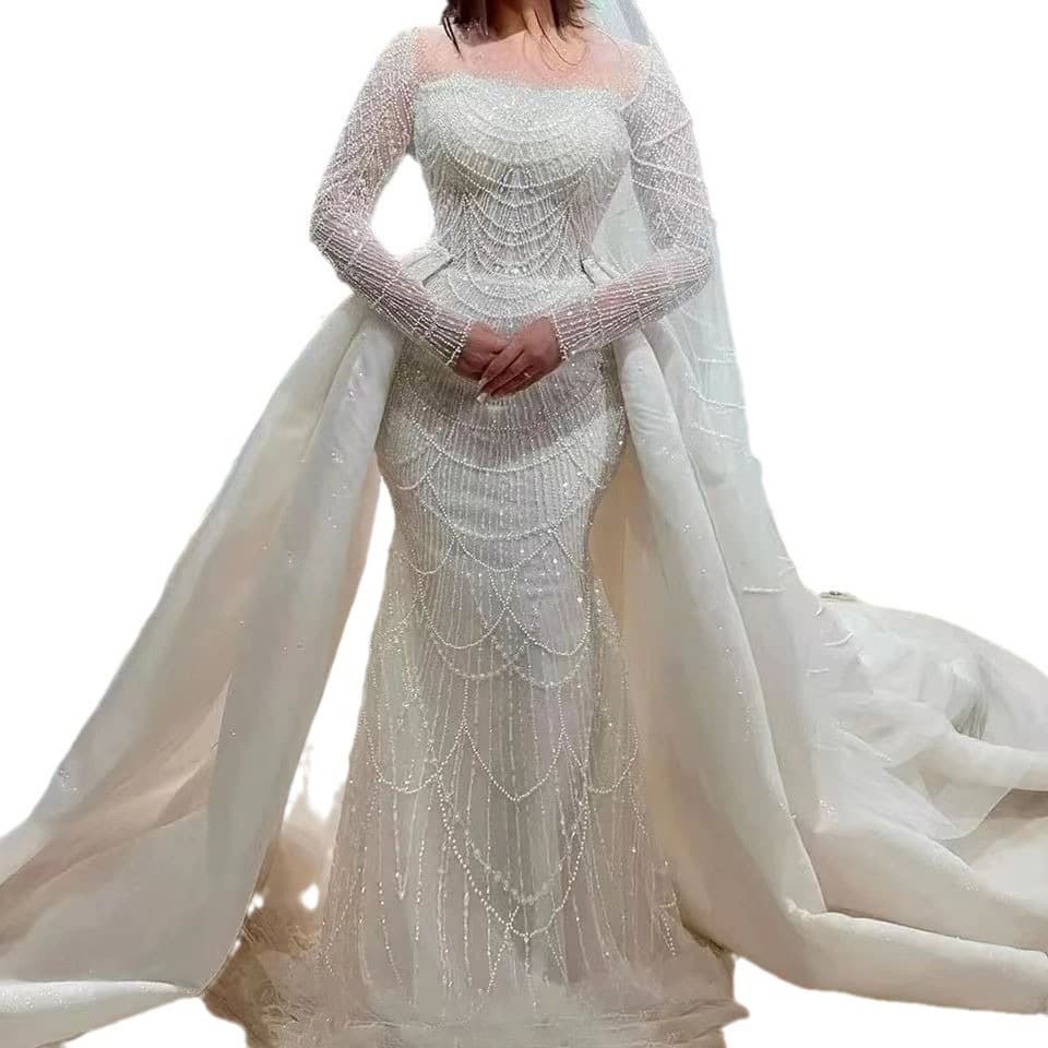 New Cross-Border Mermaid Wedding Dress with Detachable Train, Beaded Lace Fishtail Bridal Gown, Long Sleeve Slim Fit