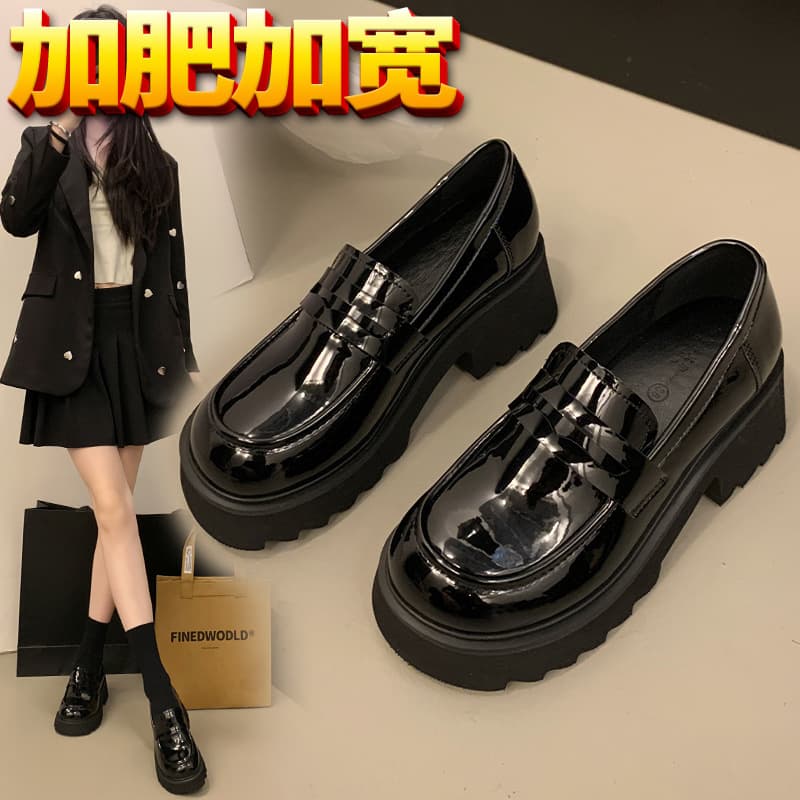 [B-138-8] Thick-Soled Plus Size Loafers, British Style Black JK Japanese Small Leather Shoes, Wide and Fat Women's Shoes