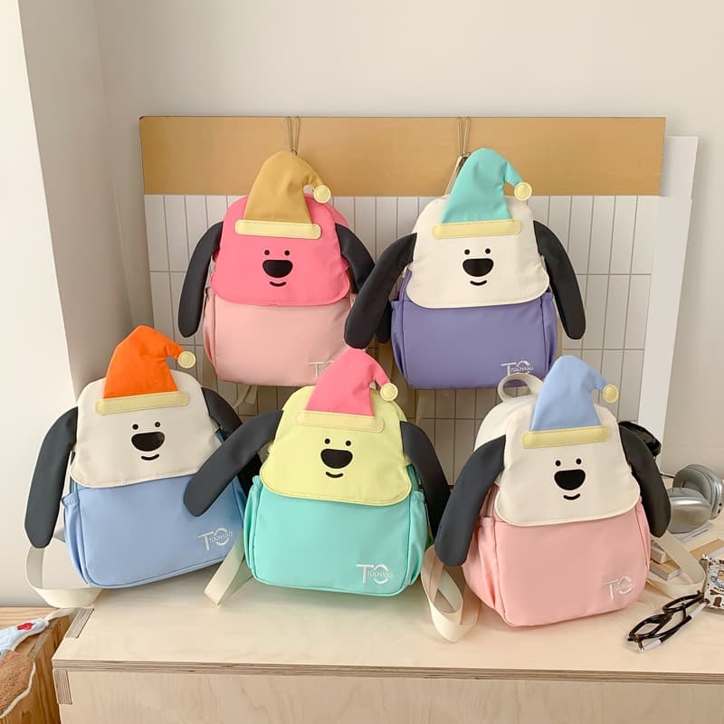 Cartoon Cute Kindergarten Backpack Contrast Color Cap Puppy Baby Travel Backpack Boys Girls Kids School Bag