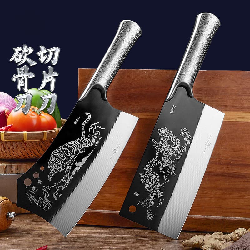 Popular Kitchen Cleaver for Home Use, Slicing Knife, Chef's Bone Chopper, Forged Dragon and Tiger Pattern Cleaver