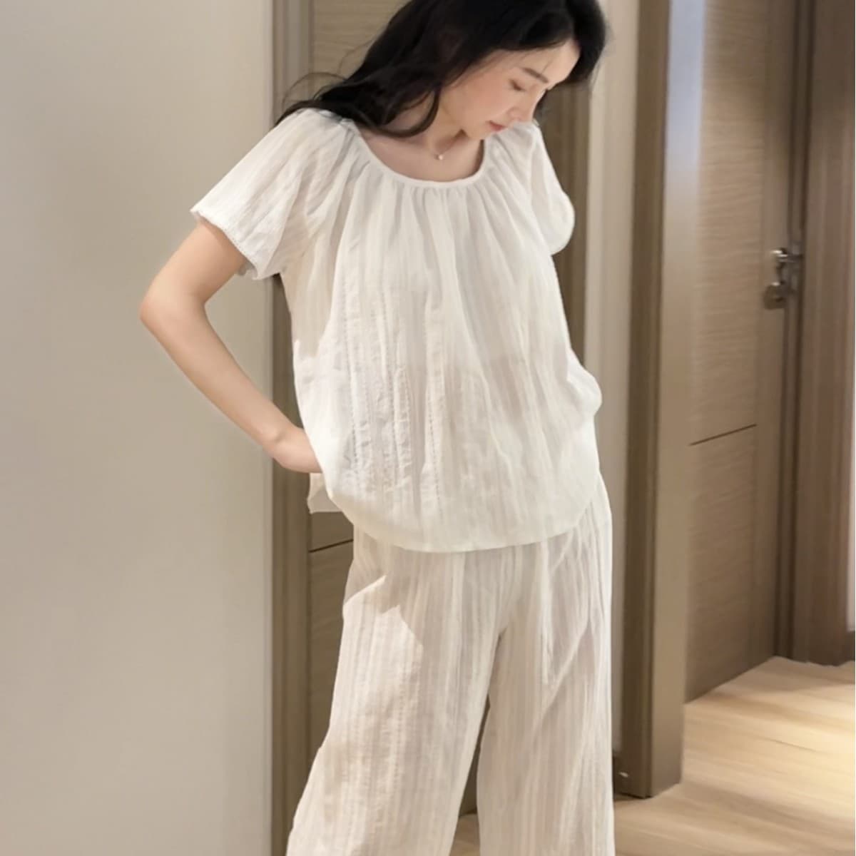 Afternoon Melody Cotton Jacquard Korean Simple Soft Short Sleeve Cropped Pants Loungewear Set
