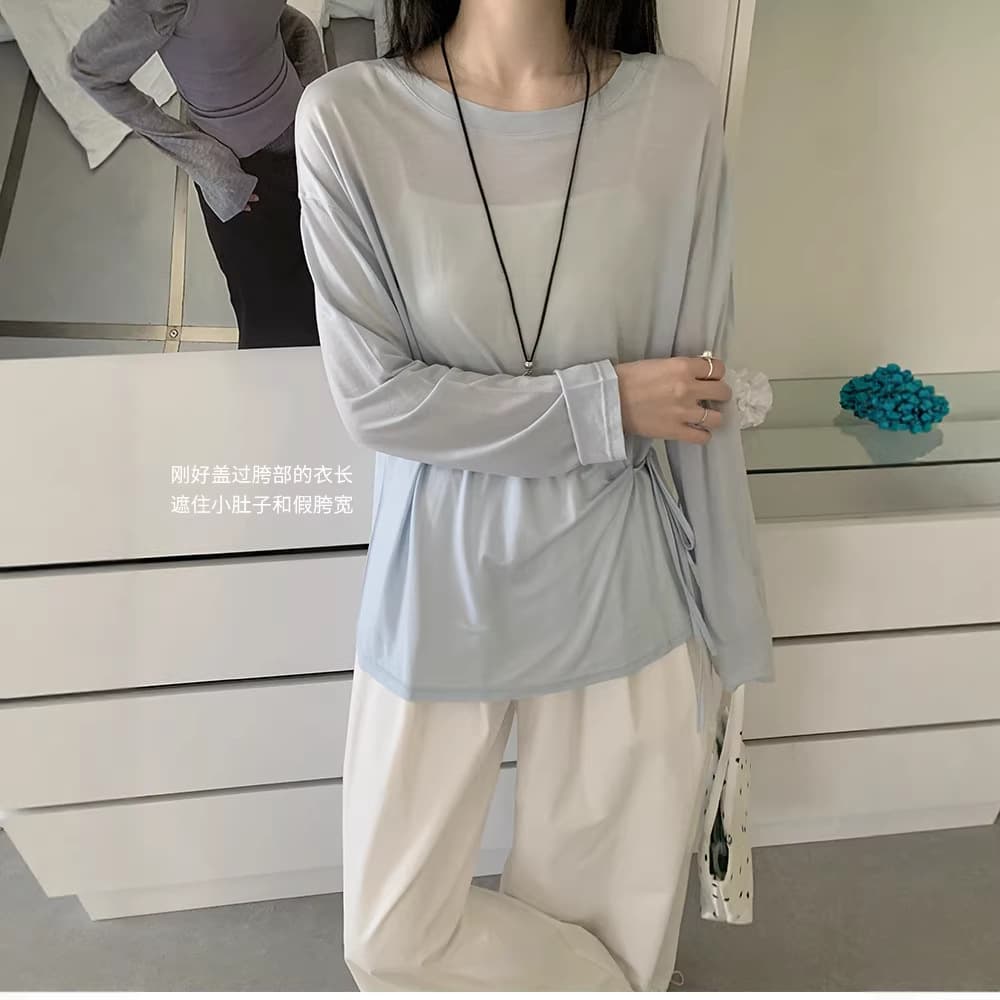 2001 Niche Design Drawstring Lazy Style Lyocell Long-Sleeve T-Shirt for Women, Summer Thin Semi-Sheer Round Neck Top
