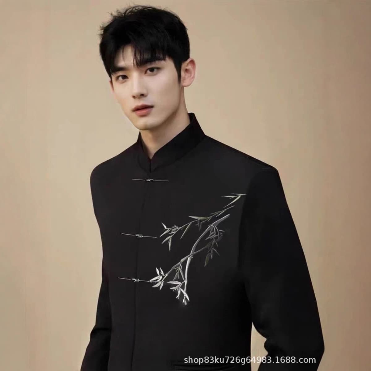 Jinfu Garment Factory's New Chinese Style Zhongshan Suit with Embroidered Airplane Button Stand Collar Men's Wedding and Engagement Attire
