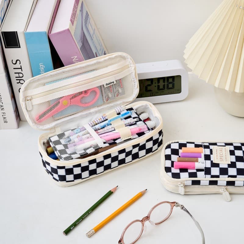 Large Capacity Student Stationery Pencil Case Double Zipper Grid Pattern Cross-Border New Style Casual Oxford Cloth Makeup Bag