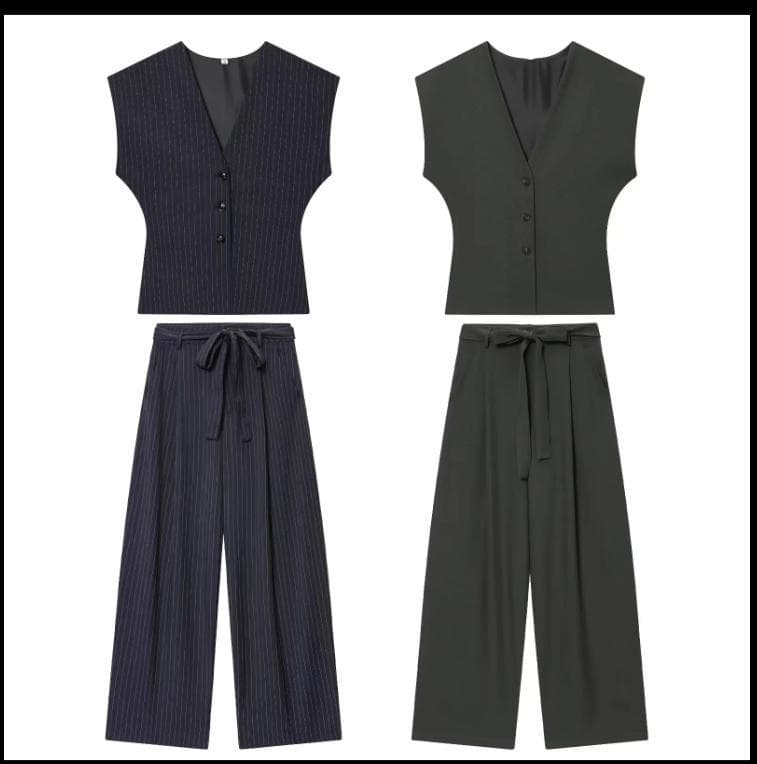 Cross-border European and American Women's Fashion AliExpress Hot Selling Trendy Casual New Striped Vest + Belt Pleated Trousers