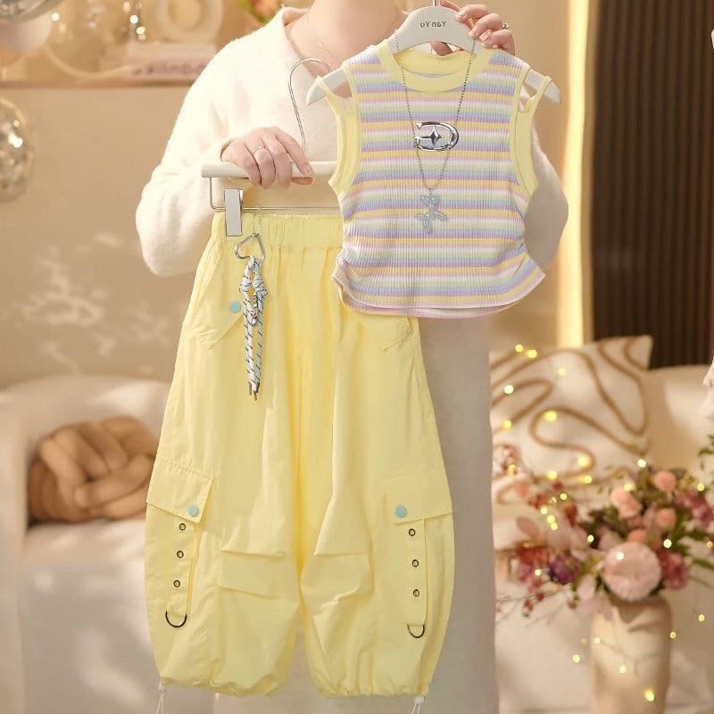 Girls summer new trendy baby girl fake two-piece vest overalls casual sports suit super cute