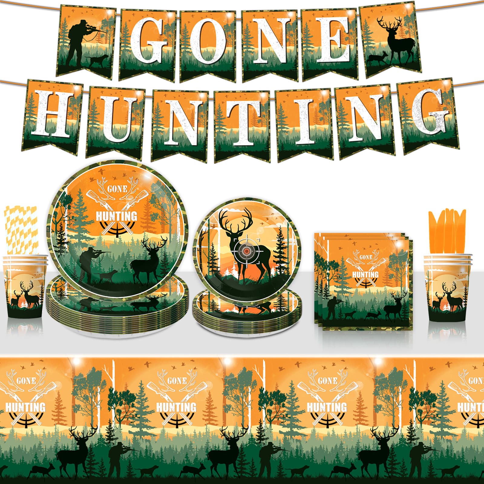 Hunting Theme Birthday Party Decorations Forest Hunting Kids Party Tableware Paper Plates Napkins Tablecloth Banner Set