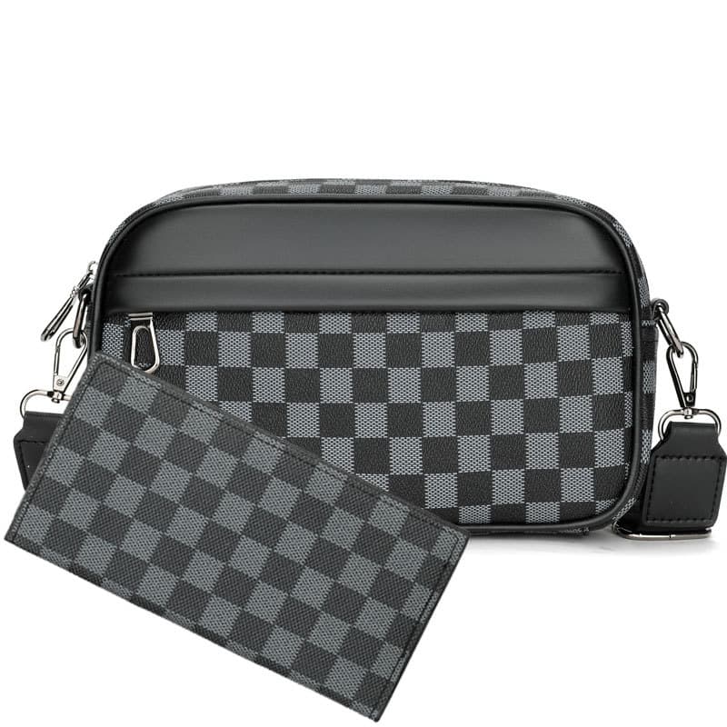 Trendy men's bag checkerboard crossbody men's bag leather trendy checkered casual shoulder bag small square bag camera bag