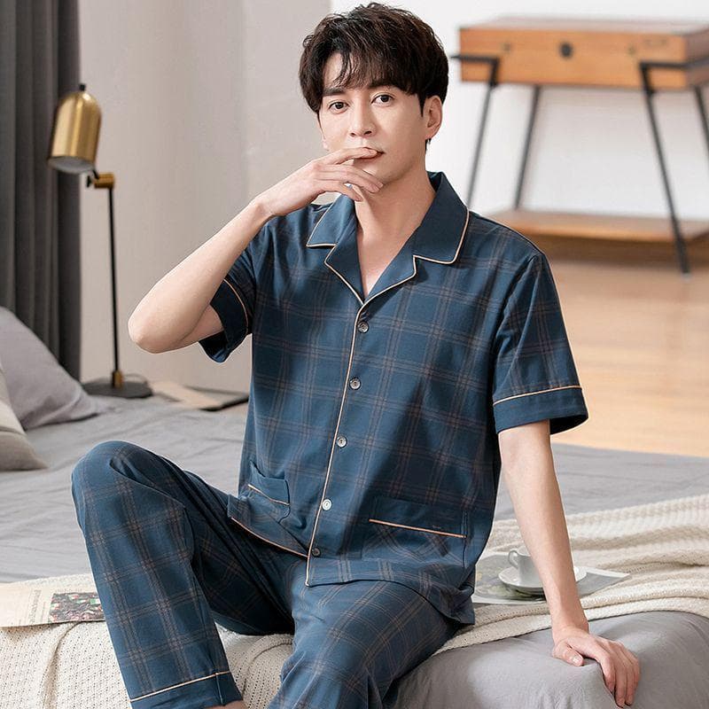 Cotton Men's Pajamas Summer High-Quality Short Sleeve Long Pants Premium Half-Sleeve Cardigan Plus Size Loungewear
