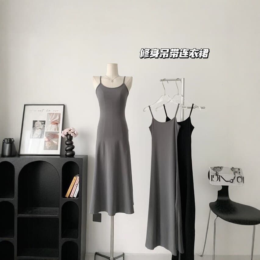 Slim-Fit Camisole Dress for Women Summer A-Line Long Dress, Solid Color Slimming Slip Dress, Ice Silk Texture Inner Dress Women's Wear