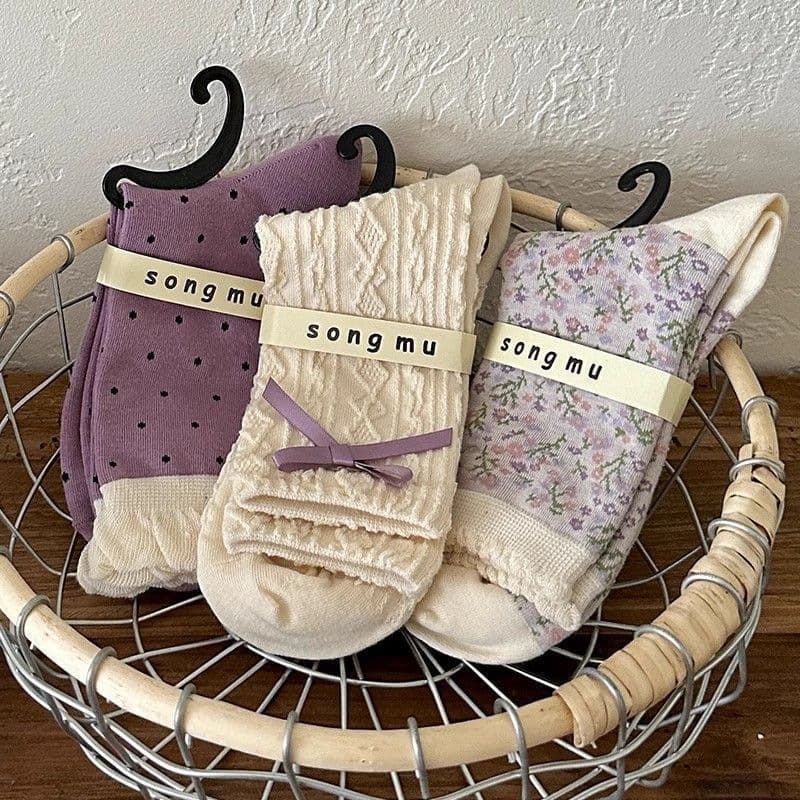 Purple Floral Socks Women's Mid-Calf Socks Autumn Japanese Style Cute White Bow Mid-Calf Socks Sweet Retro Lace Socks