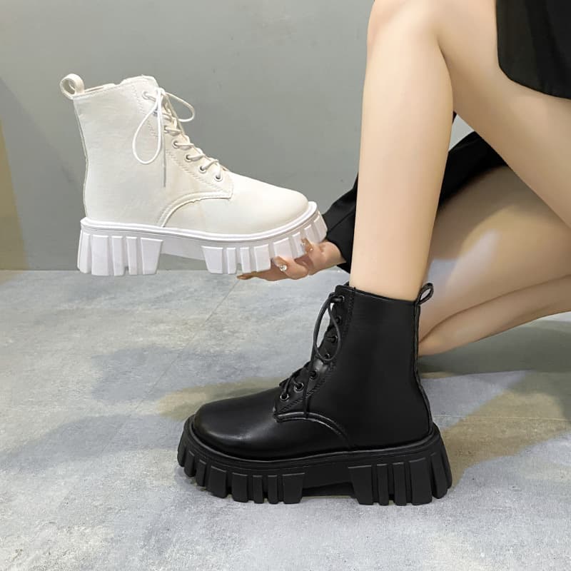Short Martin Boots Women 2025 New Korean Style Fashion Mid-Calf Boots Thick Sole Lace-Up Side Zipper Women's Boots