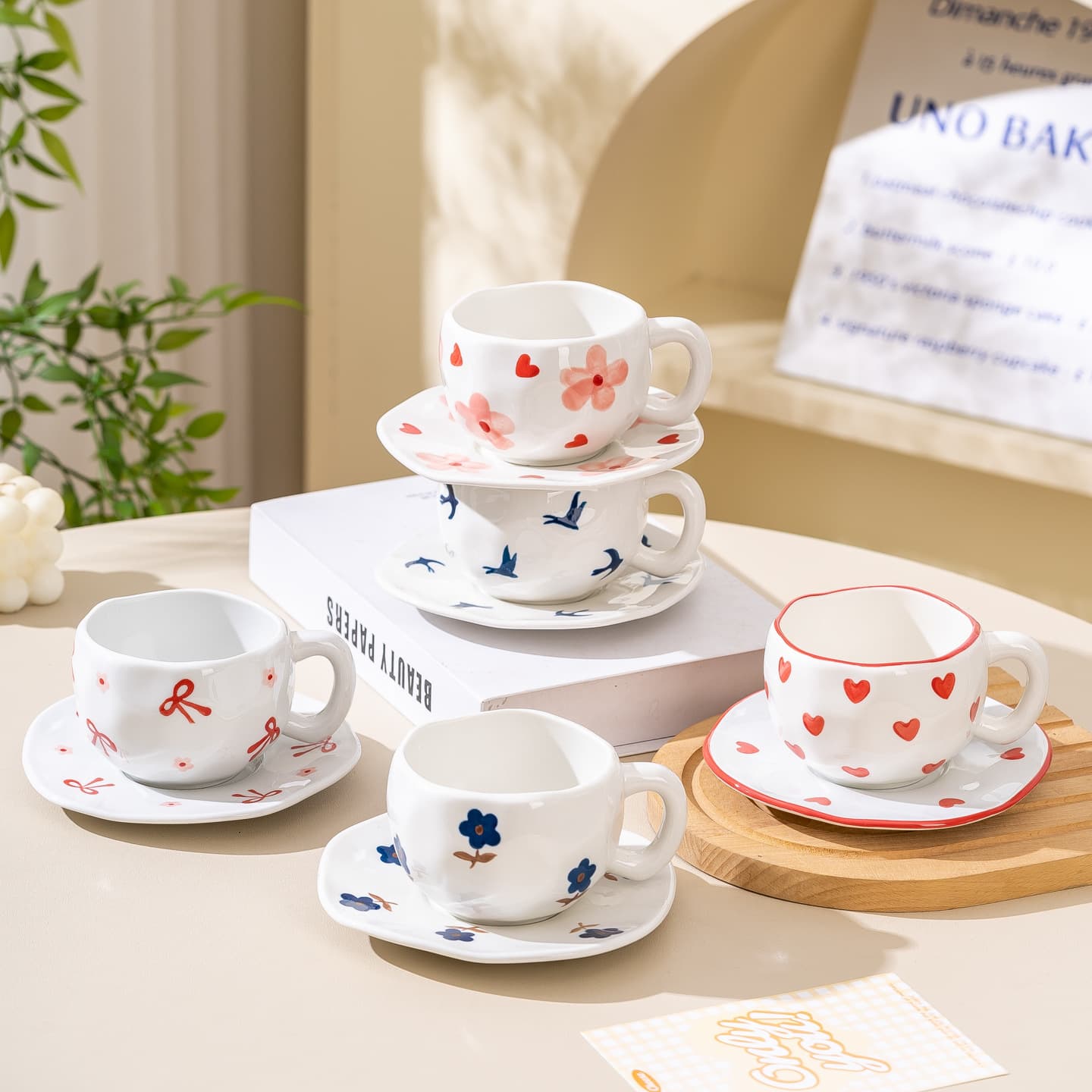 Korean-style underglaze colored hand-pressed cups and saucers for export cross-border ceramic breakfast milk cups hand-painted coffee cups and saucers