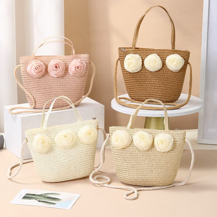 Small fresh children's lace pearl ribbon straw hat bag summer new fairy parent-child sunshade big brim flat top hat