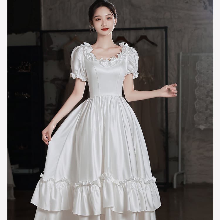 Summer new U-shaped neck princess fluffy pure white dress pattern romantic wedding dinner wedding dress bridesmaid