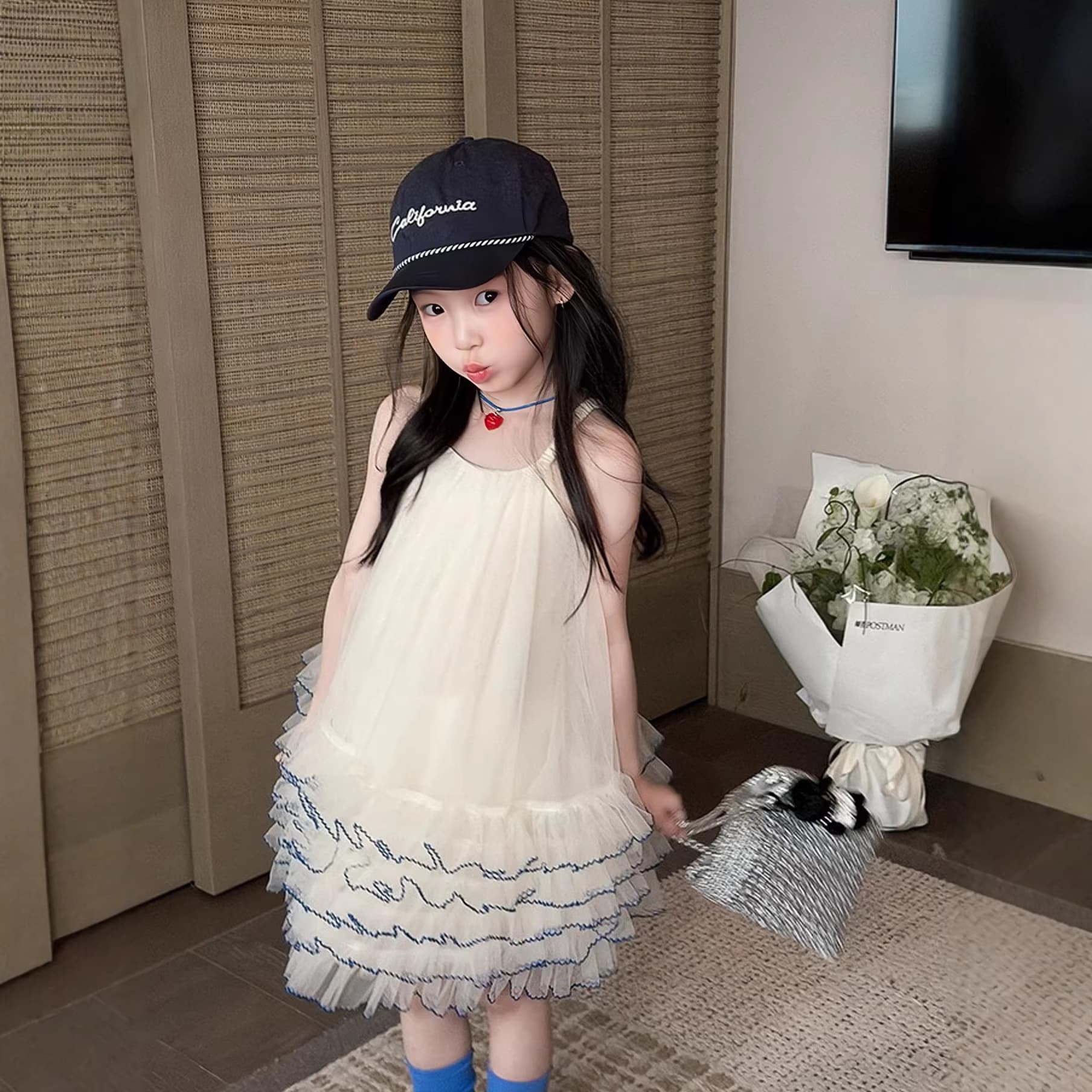 Girls blue mesh suspender skirt summer new children's birthday dress baby fashionable tutu skirt princess skirt