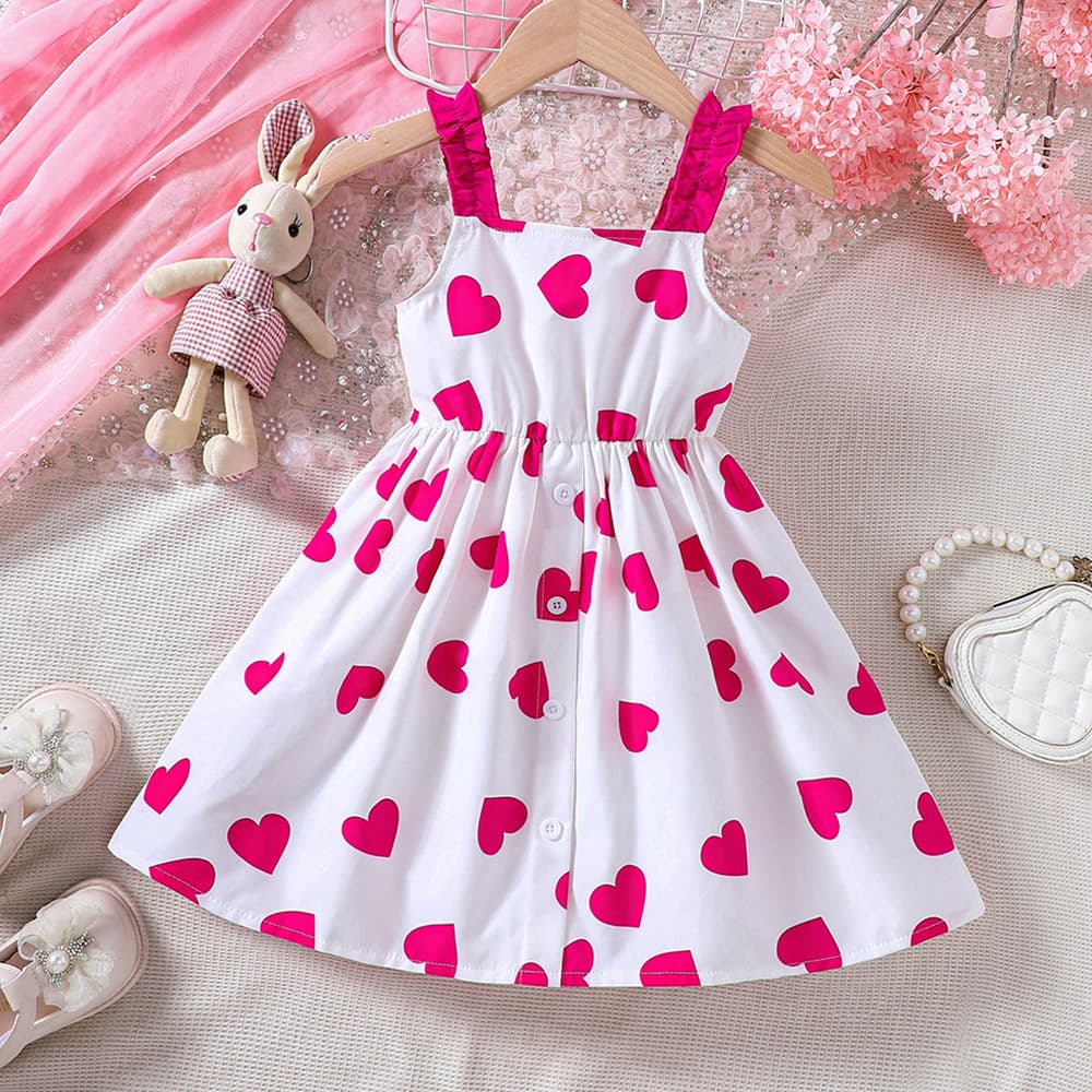 EW Kids Fashion New Summer Girls Valentine's Day Heart Print Strappy Dress Q1681-D