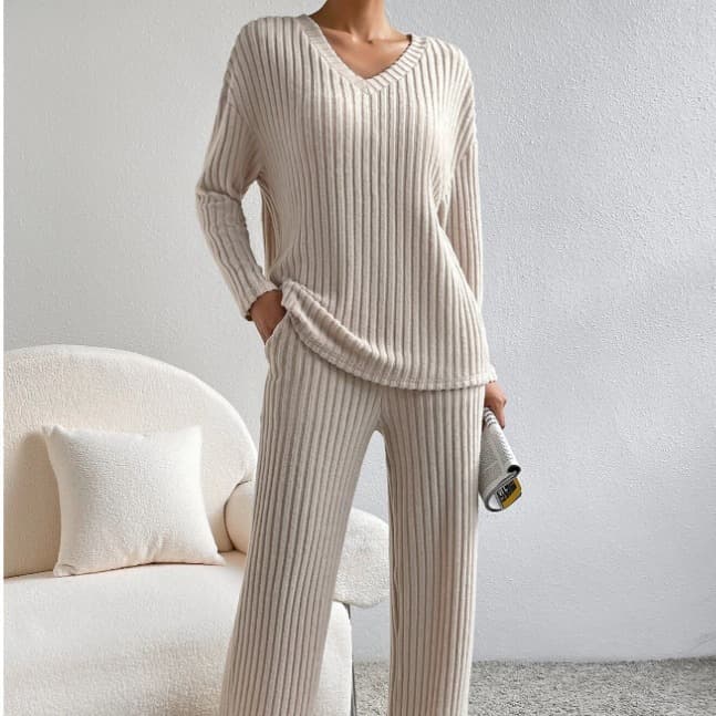 Cross-border Two-Piece Set Women 2025 Autumn New Fashion Casual Straight-Leg Pants Elegant Loose V-Neck Ribbed Knit Suit