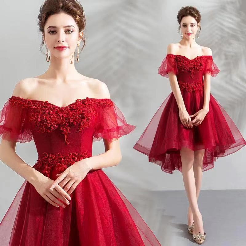 One-shoulder toast dress for bride, summer burgundy engagement dress, small back home casual dress, slim girl
