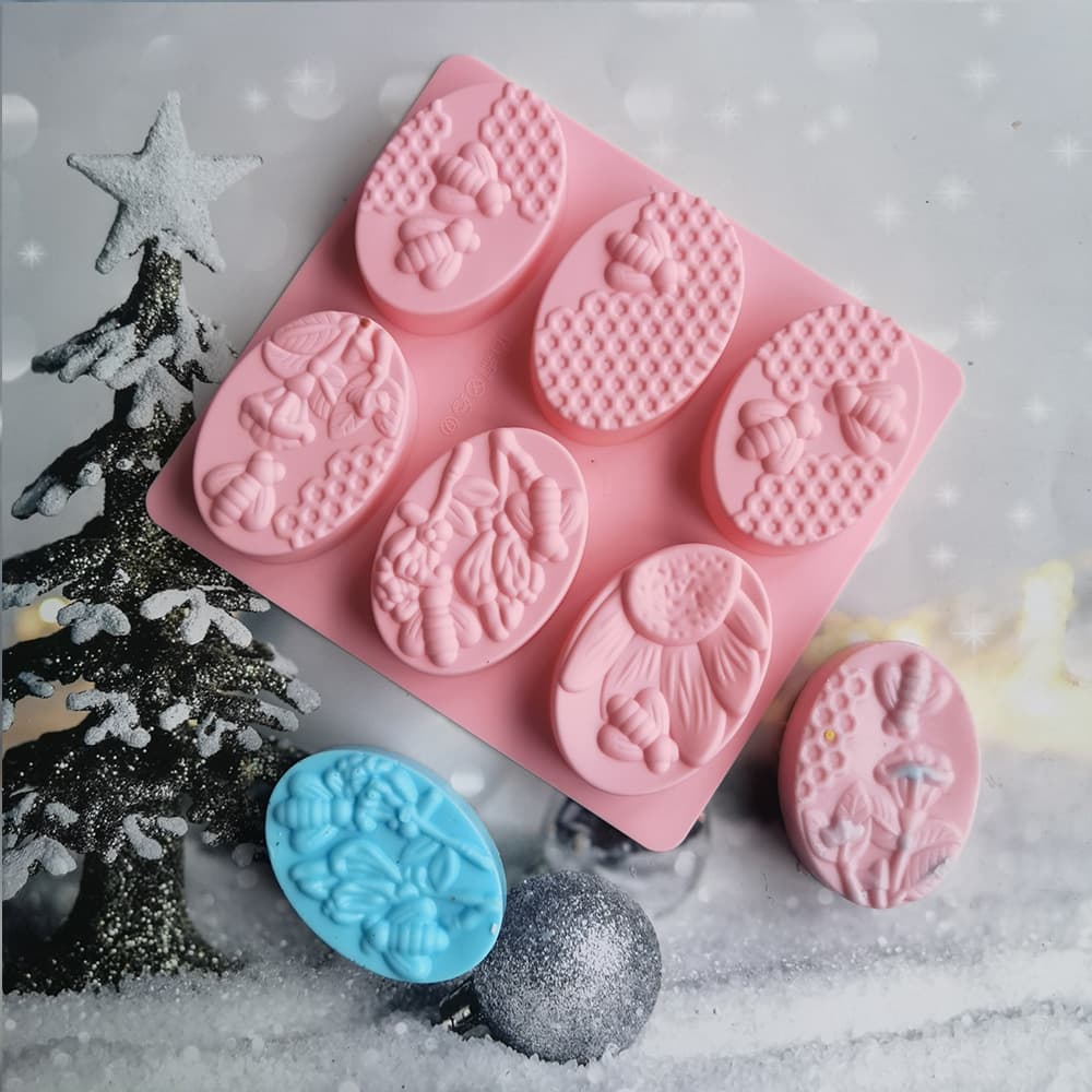 6-Cavity Oval Bee Soap 105 Silicone Mold for Cake, Ice Cream, Pudding, Dessert, Soap & Baking Tools