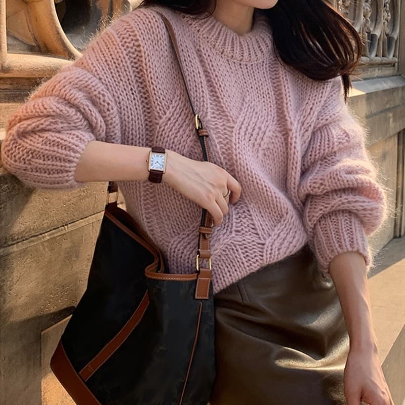 Round Neck Chunky Cable Knit Sweater, Autumn/Winter New Korean Style Solid Color Pullover Sweater for Women, Fashion