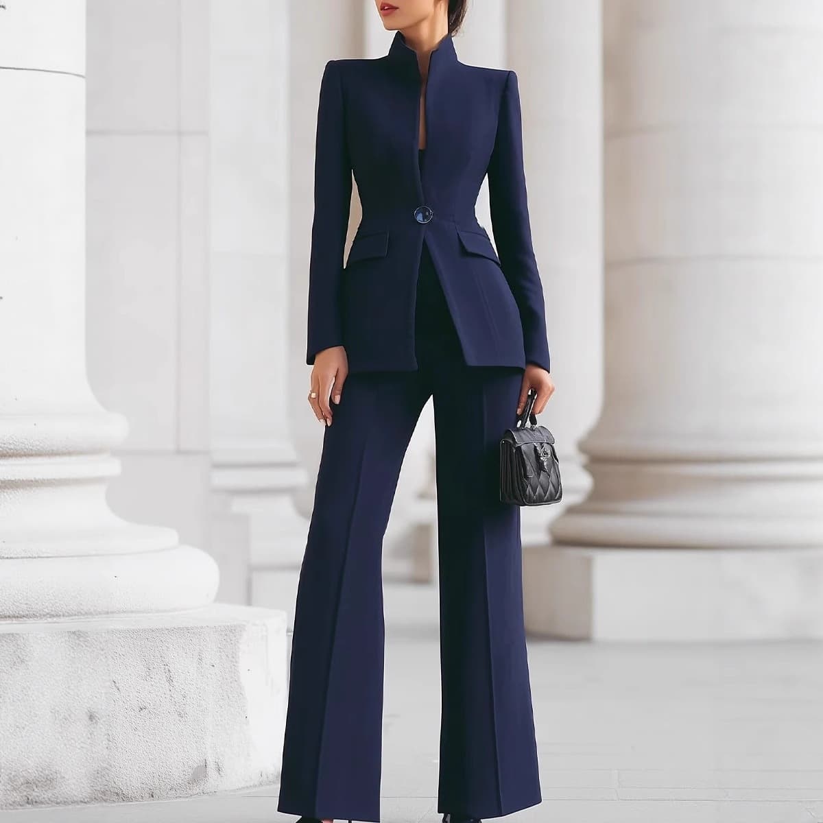 2026 European and American clothing independent website long-sleeved solid color pocket one-button small suit + long suit pants two-piece set