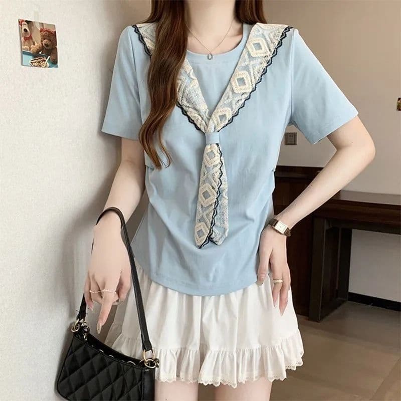 Cotton Plus Size Women's 2026 Summer New Slimming Versatile Waist Lace Fat mm Short Sleeve T-Shirt Loose Top