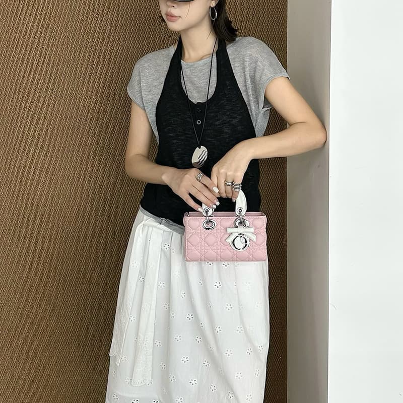 Horizontal Two-Tone Bow Genuine Leather Lady Dior Bag 2026 New Versatile Shoulder Crossbody Chain Bag Fashion Handbag