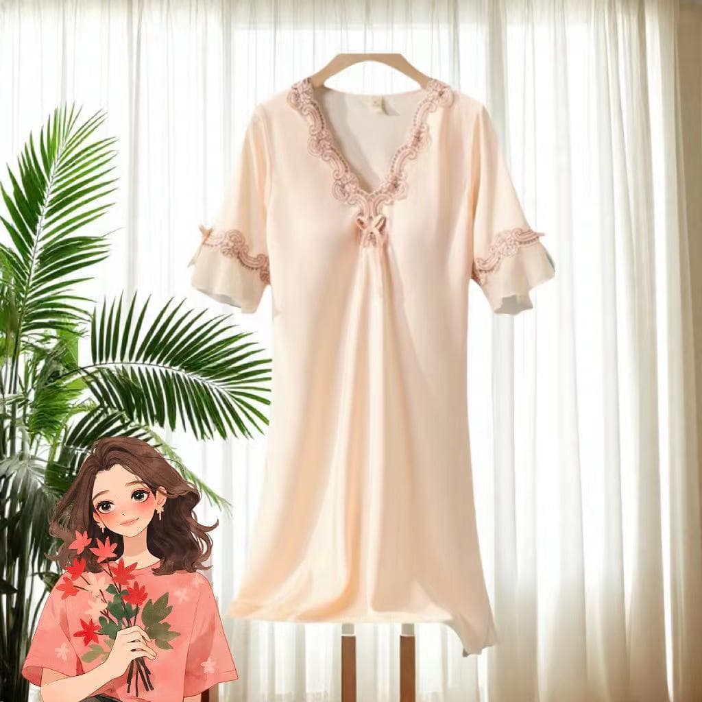 Silk Pajamas for Women, Breathable and Cool Summer Ice Silk Pajamas Short Sleeve Nightgown Dress Factory Wholesale