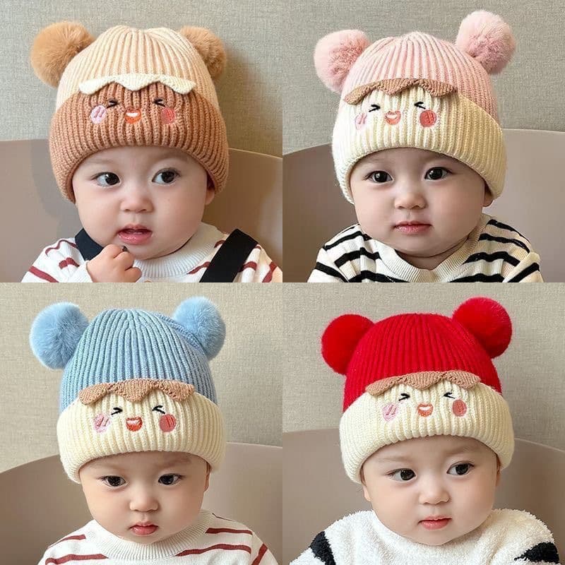 Korean Baby Hat Autumn Winter 2025 New Fashion Ins Double Pompom Warm Ear Protection Hat for Toddlers Kids Knit Beanie