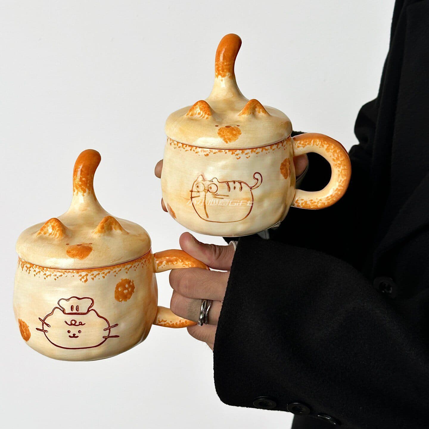 Cute Cartoon Yellow Cat Handmade Ceramic Mug with Lid Creative Coffee Cup Water Cup Birthday Gift for Girls