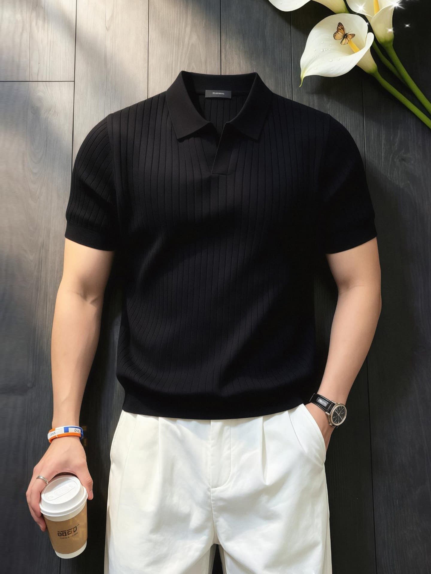 Korean style black knitted short-sleeved men's summer old money style handsome lapel polo shirt cool casual half-sleeved