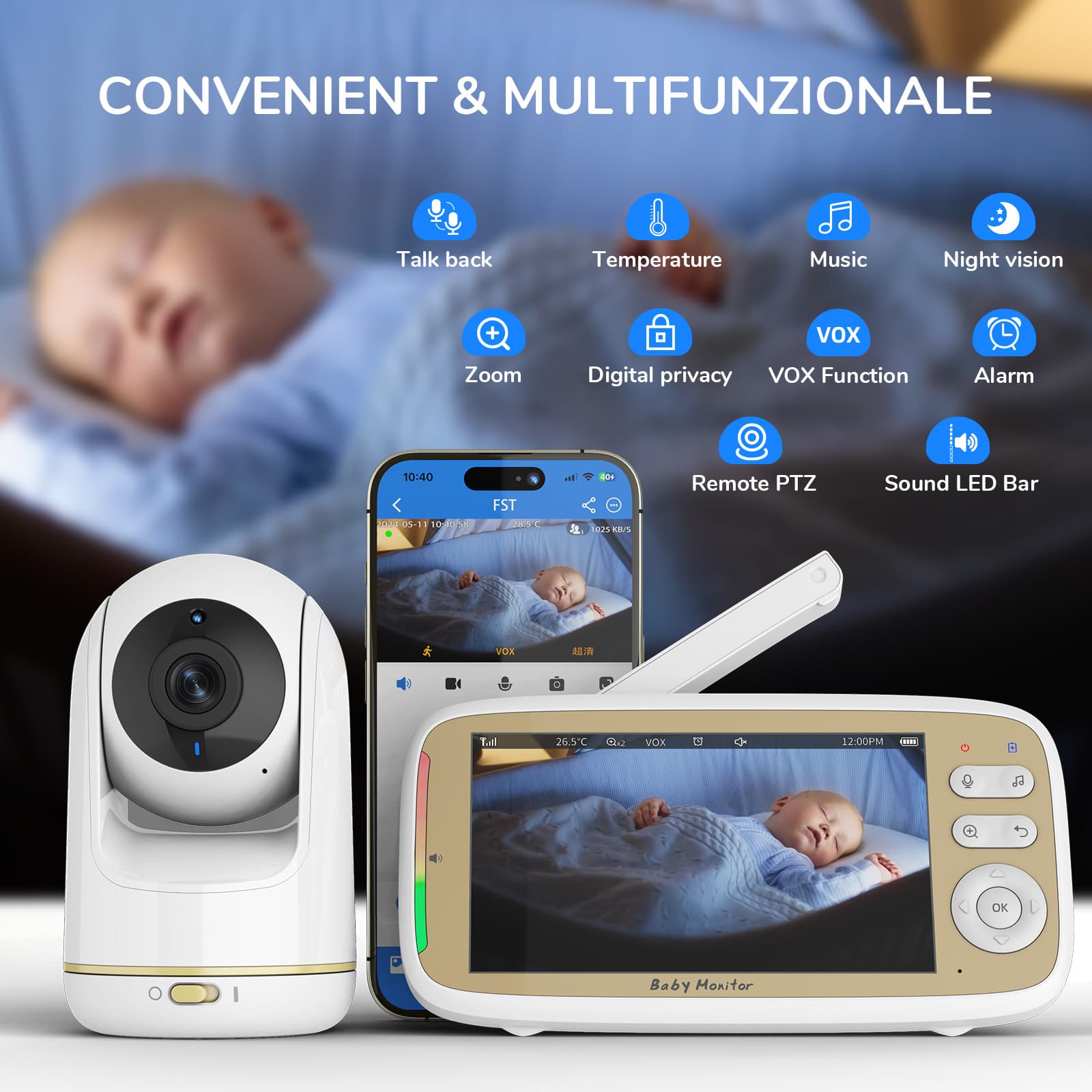 VB803 PRO High-Definition Smart Dual-Mode 5-inch Screen Baby Monitor: Multiple Cameras for All-Around Baby Monitoring