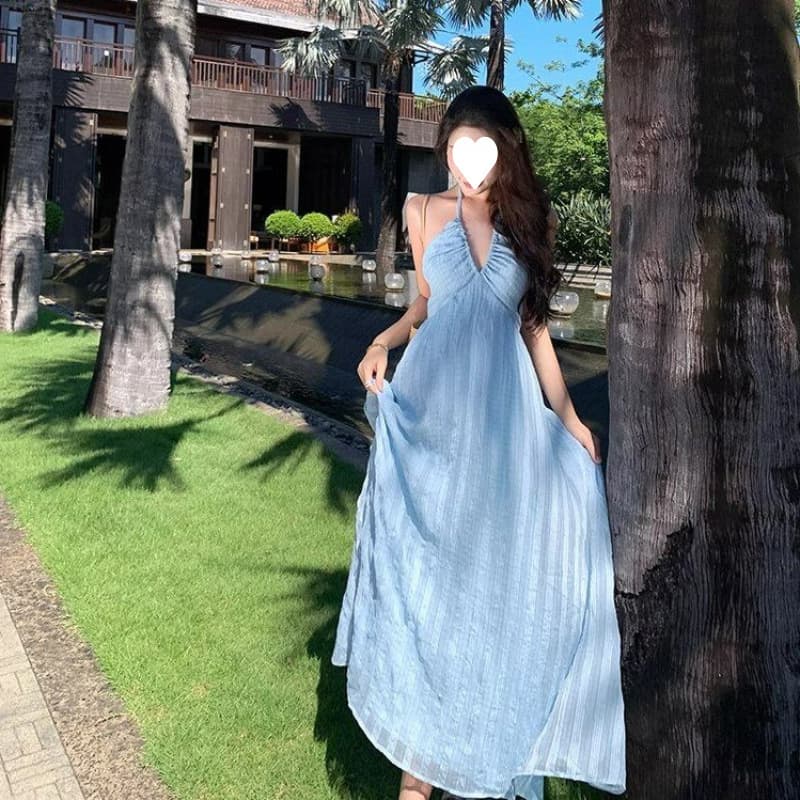 Blue French Elegant Sleeveless Halter Neck Dress Women's Unique Beach Vacation Long Dress Knee Length